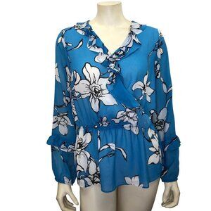 $79 CALVIN KLEIN FLORAL CHIFFON RUFFLE TRIM V NECK‎ SHEER SLEEVE TOP SZ MD NWT